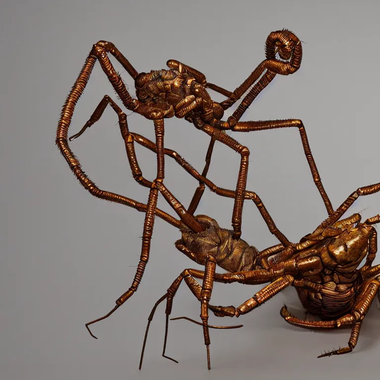 Prompt: hyperrealistic sculpture of a bronze fossilized whip scorpion in a large cage made of colorful plastic wire on a pedestal by ron mueck and duane hanson and lee bontecou, hyperrealistic dramatic colored lighting trending on artstation 8 k