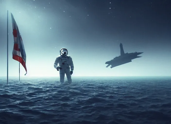 Image similar to astronaut holding a flag in an underwater desert. a submarine is visible in the distance. dark, concept art, cinematic, dramatic, atmospheric, 8 k, trending on artstation, blue, fish, low visibility, fog, ocean floor, christopher nolan, interstellar