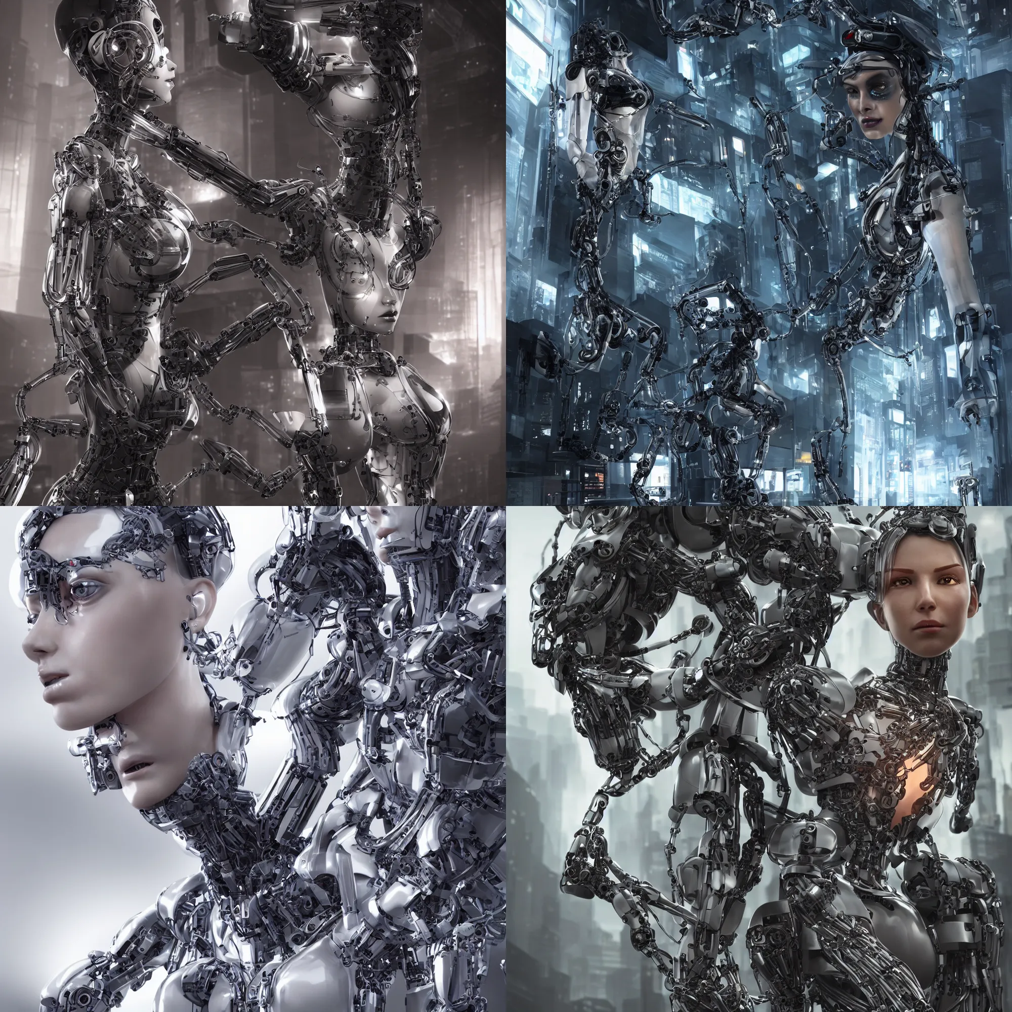 Prompt: Wide angle portraiture of female cyborg, human face with sleek bionic eyepiece and transparent acrylic robotic bodyshell, perfect proportion, very intricate metallic robotic details, cyberpunk interior, cinematic, asymmetrical, beautifully lit, hyper realistic, vray, octane render 4k, high resolution, art by cory loftis, craig mullins, james jean, grzegorz rutkowski, tom bagshaw,