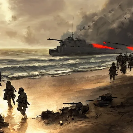 Prompt: soldiers storming the beaches of normandy on d - day, highly detailed, digital painting, concept art, sharp focus, by makoto shinkai