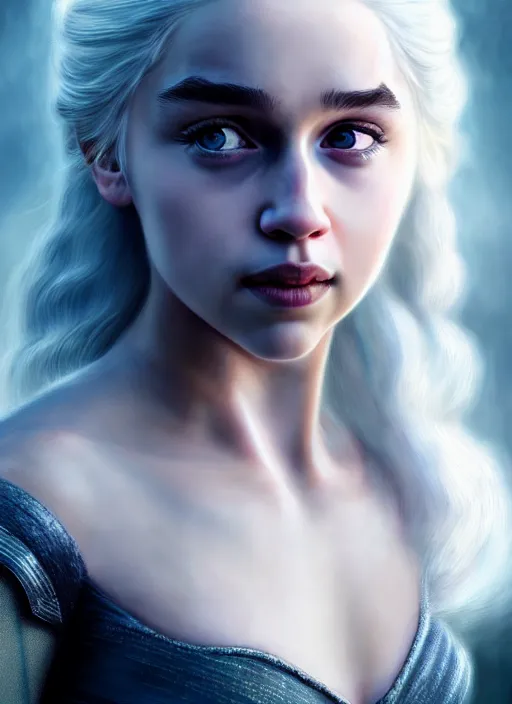 Image similar to photo of a gorgeous young happy daenerys targaryen in the style of stefan kostic, realistic, professionally, professionally color graded, half body shot, sharp focus, 8 k high definition, insanely detailed, intricate, elegant, art by stanley lau and artgerm