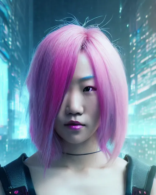 Image similar to portrait of a beautiful asian woman with pink hair as a cyberpunk cyborg half robot, sci - fi, missing panels, intricate abstract upper body intricate artwork, concept art, octane render, deviantart, cinematic, key art, hyperrealism, iridescent accents, portrait photograph, nikon 3 5 mm, photograph by greg rutkowski