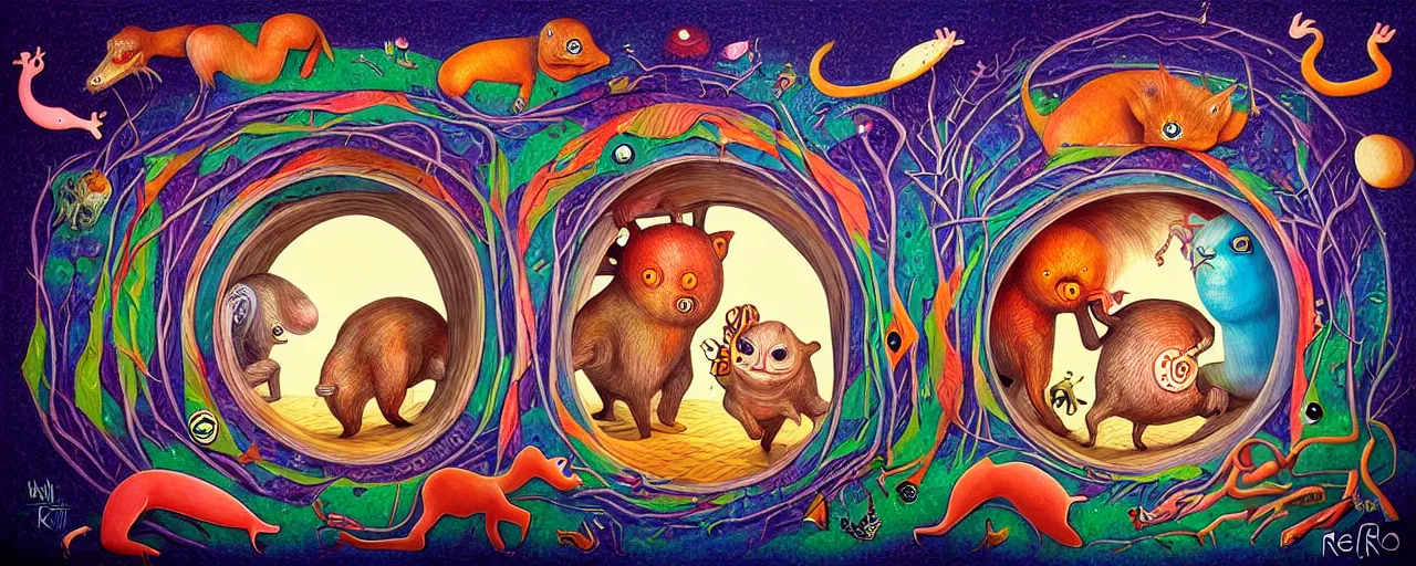 Prompt: deep ego - self axis tunnel with a strange whimsical wild creatures with endearing eyes, painted by ronny khalil