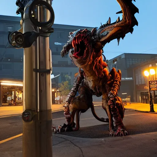 Image similar to deathclaw from fallout drives a subaru, street lighting, downtown environment, wide lens, 2 4 mm, street lamps