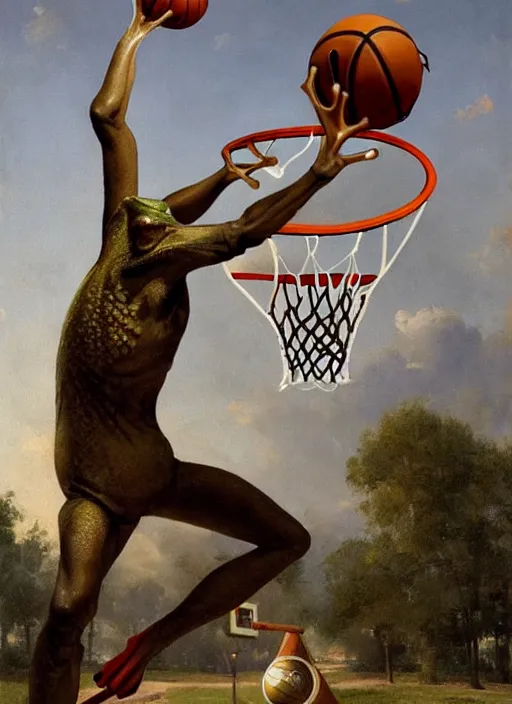 Prompt: a frog dunking a basketball into a basketball hoop highly detailed, sharp focus, matte painting, by isaac levitan and asher brown durand,