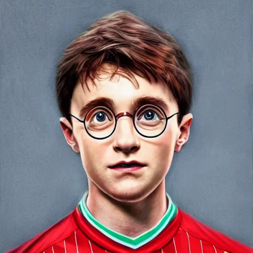 Prompt: portrait of harry potter wearing a liverpool jersey, highly detailed, masterpiece painting, 4 k,