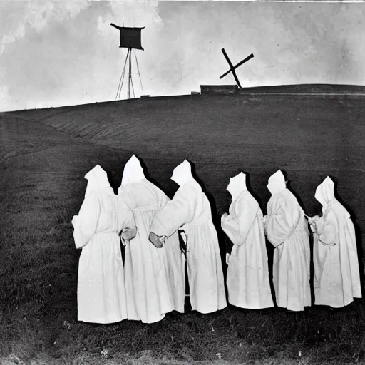 Image similar to worshippers dressed in robes belonging to the cult of the windmill. Dilapidated 1800s windmill. 1800s photo. Very detailed and clear image.