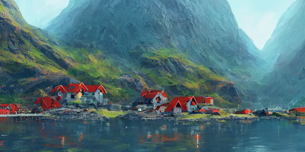 Prompt: a small asteroid mining village nestled in the fjords of norway by alena aenami, petros afshar, colin campbell cooper speedart