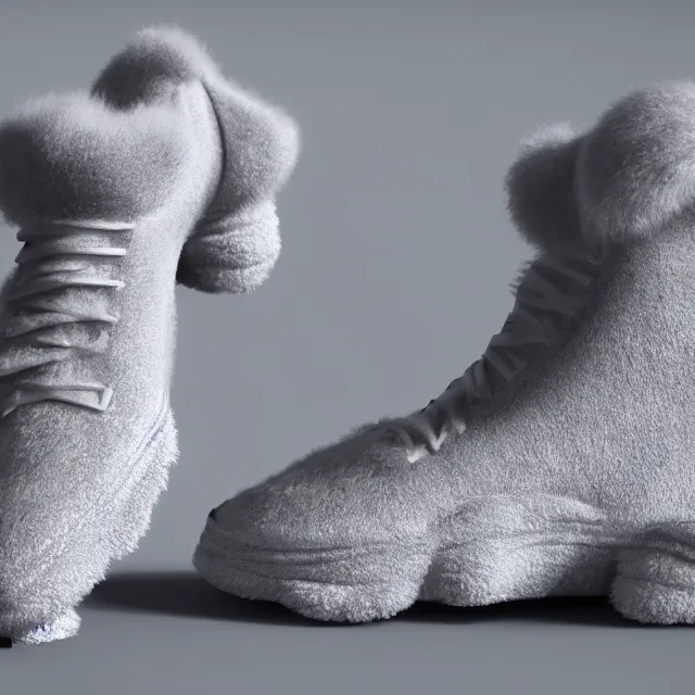 Image similar to ultra realistic fluffy sneakers designed by balenciaga, dark cinematic, volumetric, realistic, 3 d render, cinematic lighting, ray tracing, cinematic, unreal engine 5, unreal engine render, octane render, hyper realistic, photo, 8 k
