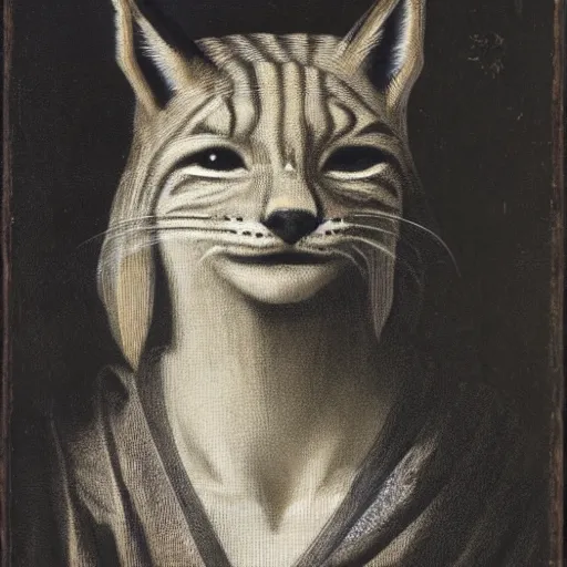 Image similar to renaissance style portrait of an lynx wearing a crown and a cape, dark background