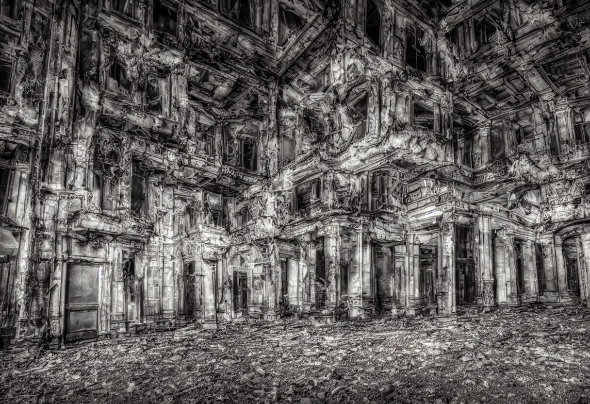 Prompt: photo of abandoned, high and dark building at night, high detail, 14mm, high resolution