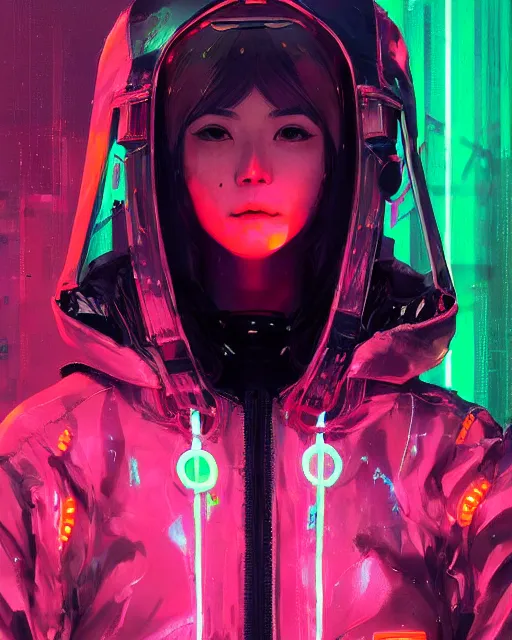 Image similar to detailed full body portrait Neon Operator Girl, cyberpunk futuristic neon, reflective puffy coat, decorated with traditional Japanese ornaments by Ismail inceoglu dragan bibin hans thoma greg rutkowski Alexandros Pyromallis Nekro Rene Maritte Illustrated, Perfect face, fine details, realistic shaded, fine-face, pretty face