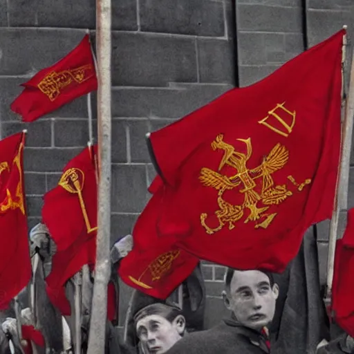 Image similar to Harry Potter and russian soviet revolution, colored, red flags