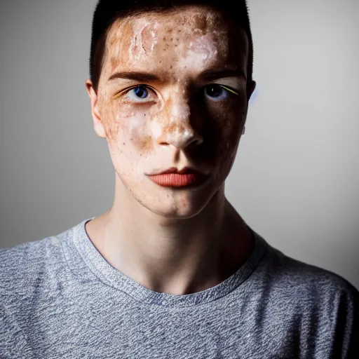 Prompt: ultraviolet spectrum portrait of a young man with fair skin and freckles, in the studio, facial closeup, Ultra-Achromatic-Takumar 85mm F4.5, Baader U Venus filter, iso 800, f/4.5