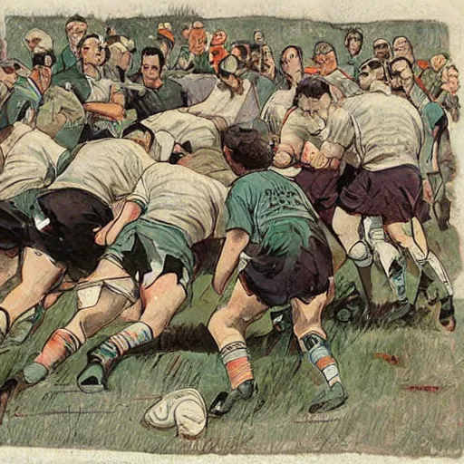 Image similar to 1920s full color illustration by J.C. Leyendecker of handsome male rugby players in a scrum on the field, rugby ball on the ground in between the handsome rugby players