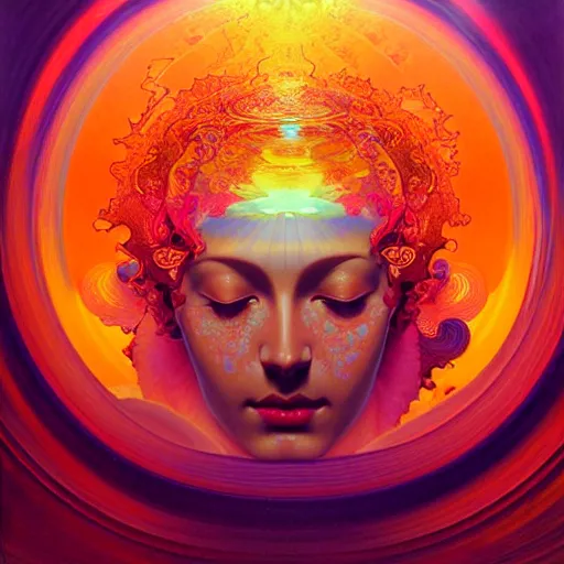 Image similar to transcendent bodhisattva mind bending psychedelic waves of glossy liquid honey flowing like kaleidoscopic translucent amber, lsd waves, honey ripples, enlightenment, dramatic professional lighting, refracted sunset lighting, highly detailed, concept art, art by collier, albert aublet, krenz cushart, artem demura, alphonse mucha