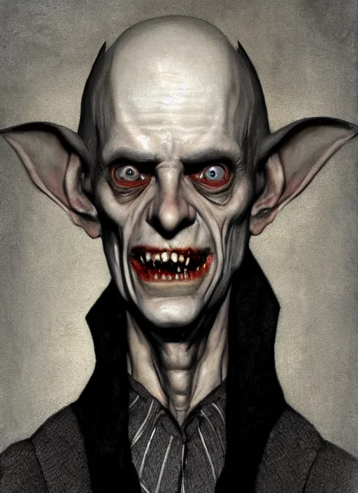 Prompt: upper body portrait of old brad dourif as nosferatu, by norman rockwell, artstation character creature art concept