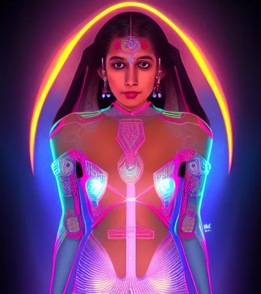 Image similar to symmetry!! indian princess of technology, solid cube of light, hard edges, product render retro - futuristic poster scifi, lasers and neon circuits, brown skin gorgeous indian princess, intricate, elegant, highly detailed, digital painting, artstation, concept art, smooth, sharp focus, illustration, dreamlike, art by artgerm