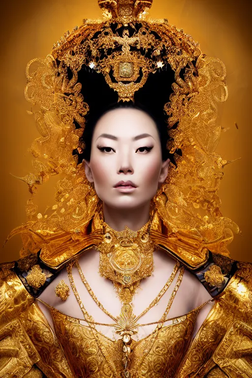 Image similar to a beautiful empress portrait, with a brilliant, impossible striking shiny big gold headpiece, reflective surface, gold clothes, rococo, baroque, jewels, asian, realistic, studio lighting, closeup, D&D, fantasy, intricate, elegant, highly detailed, digital painting, artstation, octane render, 8k, concept art, matte, sharp focus, illustration, art by Artgerm and Greg Rutkowski and Alphonse Mucha