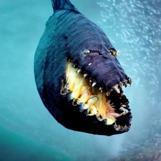 Image similar to scary eerie deep sea fish that look like monsters. Photograph.