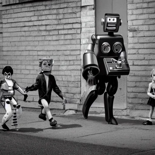 Image similar to in the style of 1960s, A scary robot is chasing after a couple of kids down the ally