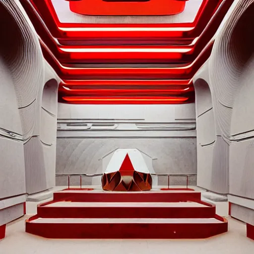 Image similar to interior of a futuristic organic scifi temple with gold, red and white marble panels, in the desert, by buckminster fuller and syd mead, intricate contemporary architecture, photo journalism, photography, cinematic, national geographic photoshoot