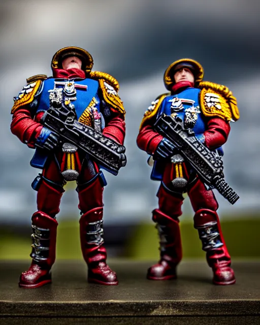 Image similar to british uk space marines guarding the queen, warhammer, high detailed, photography, cloudy, uk, plain, detailed face, look into the distance, serious face, full body, professional photographer, masterpiece, 5 0 mm, extremely detailed, 8 k