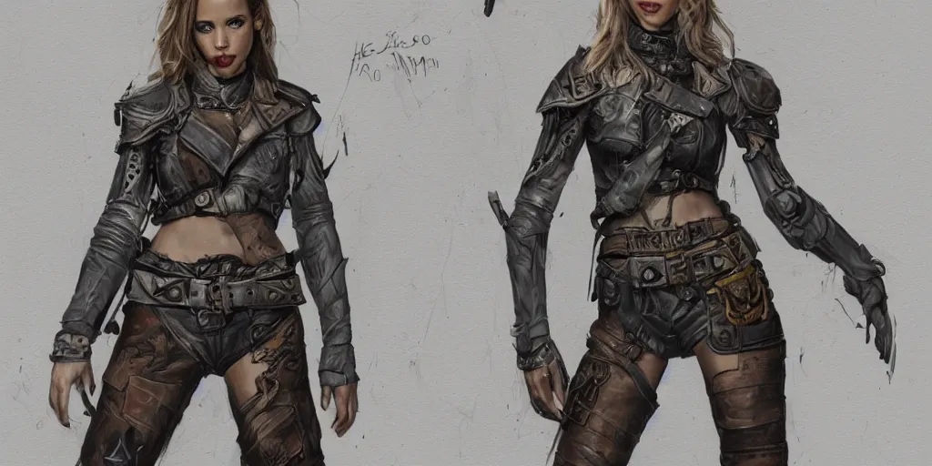 Image similar to portrait of halston sage as a tattooed armored wanderer pinup, wearing scratched and ripped leather shorts, wearing an aviator jacket, character sheet, fine details, concept design, contrast, kim jung gi, greg rutkowski, trending on artstation, 8 k, full body, turnaround, front view, back view, ultra wide angle