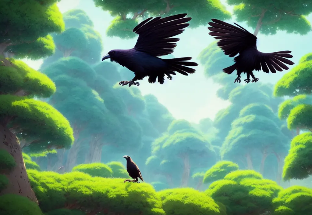 Prompt: a wholesome animation key shot of a cute stripe colored raven flying above the forest, studio ghibli, pixar and disney animation, sharp, rendered in unreal engine 5, anime key art by greg rutkowski, bloom, summer lighting