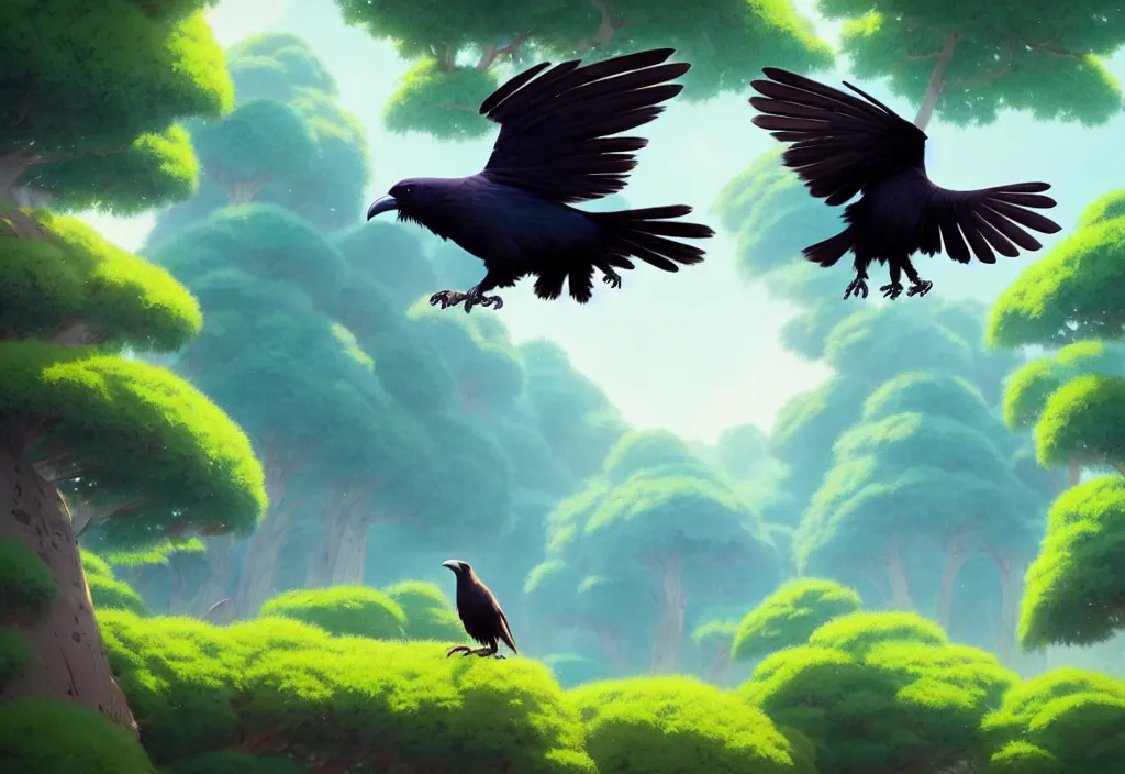 Image similar to a wholesome animation key shot of a cute stripe colored raven flying above the forest, studio ghibli, pixar and disney animation, sharp, rendered in unreal engine 5, anime key art by greg rutkowski, bloom, summer lighting