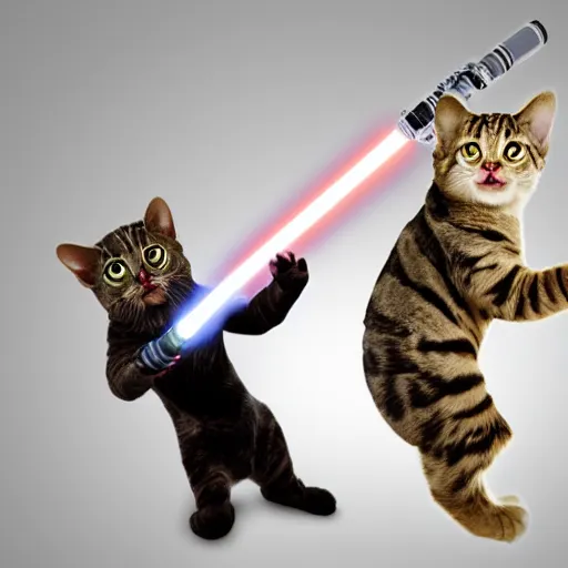 Image similar to jedi cats with human legs having lightsaber fight