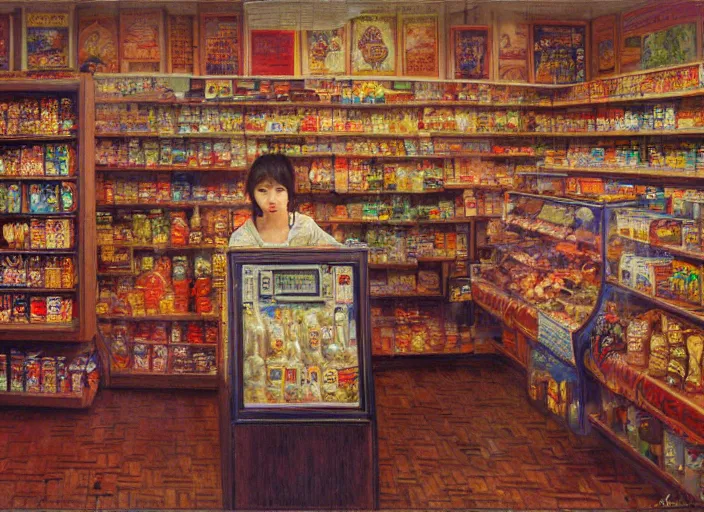 Image similar to people interior convenience store in the style of jeremy enecio, intricate, miles johnston, monet, cynical realism, john william godward, painterly, yoshitaka amano, miles johnston, louise zhang, pekka halonen, finnish naturalism, realism