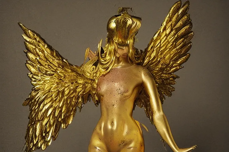 Prompt: a surreal angel with gilded wings and gold accents by Stephan Duquesnoy,