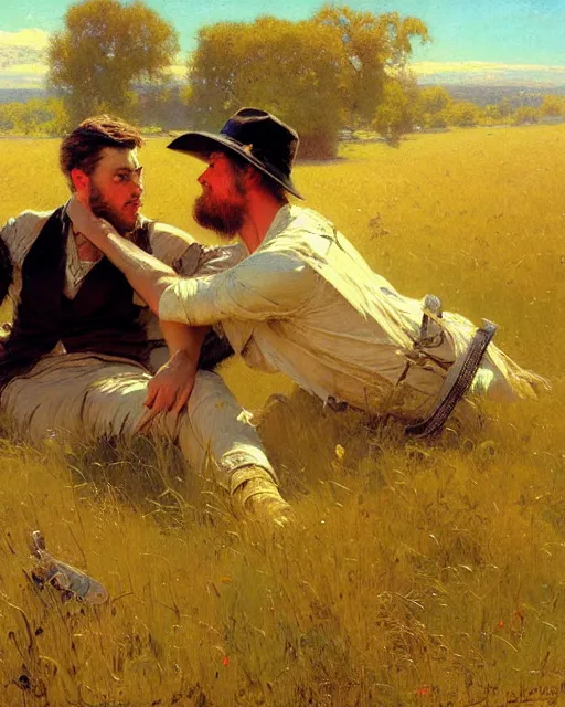 Prompt: handsome men reminisce about the end of summer in a field of grass, cool colors, hard angles, painting by gaston bussiere, craig mullins, j. c. leyendecker