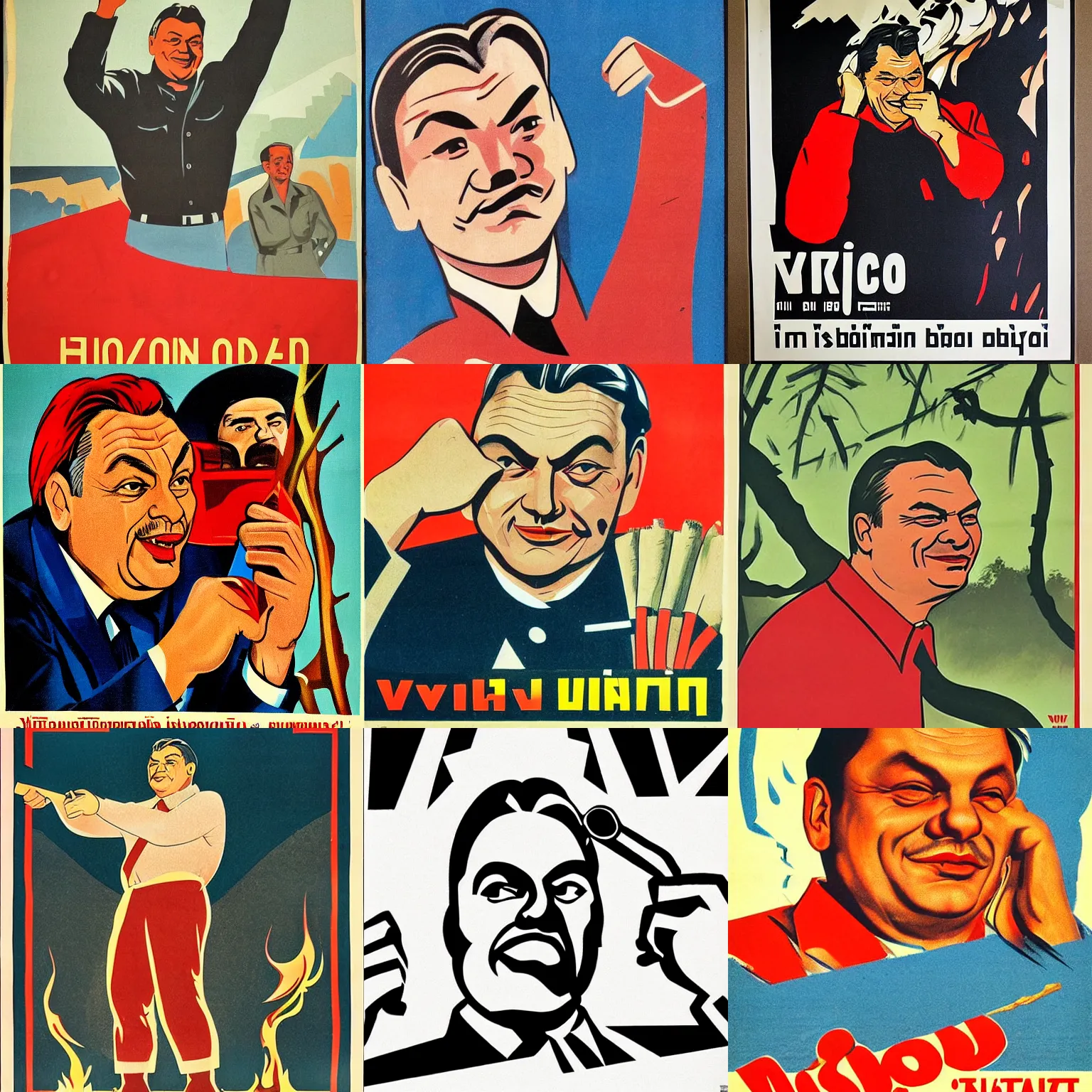 Prompt: soviet propaganda poster of viktor orban winking with firewood