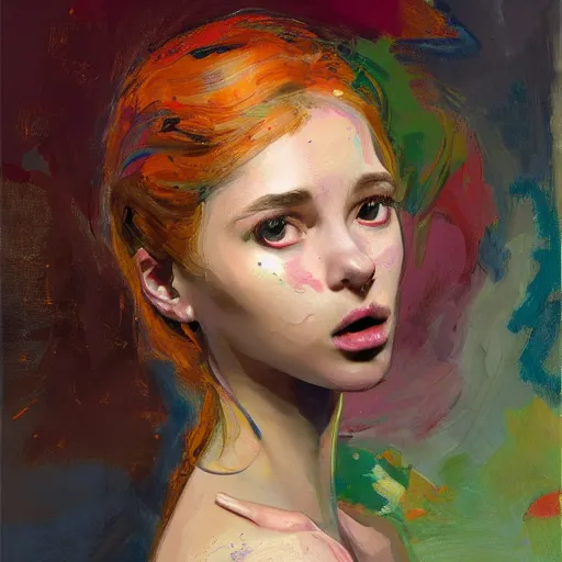 Prompt: portrait of a beautiful stunning girl sitting with full cute face big eyes long neck thin lips full figure seductive sensual alluring attractive, in the style of disco elysium, expressionism, artstation, trending, by aleksander rostov, jenny saville, rembrandt, alex kanevsky, wassily kandinsky, dave mckean, yoshitaka amano