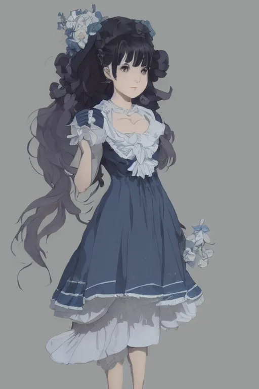 Image similar to a character design of young black lolita dressed girl, grey and blue theme, wavy white long hair by krenz cushart and mucha and akihito yoshida and makoto shinkai and greg rutkowski, detailed eyes, 4 k resolution