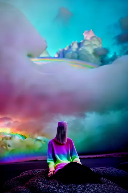 Image similar to high quality pastel coloured film close up wide angle photograph of a model wearing clothing resting on cloud furniture in a icelandic black rock!! environment in a partially haze filled dreamstate world. three point light, rainbow. photographic production. art directed. pastel colours. volumetric clouds. pastel gradient overlay. waves glitch artefacts. extreme facial clarity. 8 k. filmic.