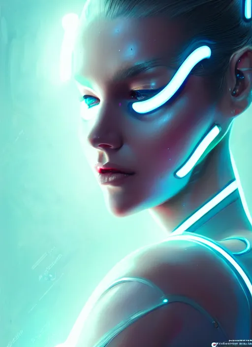 Image similar to portrait of female cyber humanoid, intricate, elegant, cyber neon lights, highly detailed, digital painting, artstation, glamor pose, concept art, smooth, sharp focus, illustration, art by artgerm and greg rutkowski