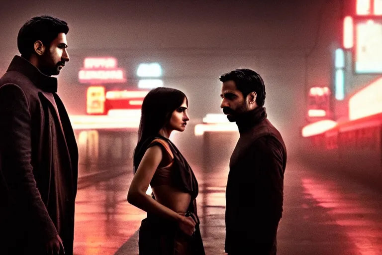 Image similar to film still of closeup beautiful model indian couple in blade runner 2 0 4 9, train station, cinematic, moody, gritty neon noir by emmanuel lubezki