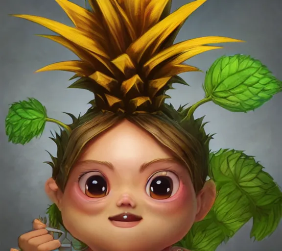 Prompt: an epic fantasy comic book style portrait painting of an extremely cute and adorable very beautiful pineapple mint dwarf, character design by mark ryden and pixar and hayao miyazaki, unreal 5, daz, hyperrealistic, octane render, cosplay, rpg portrait, dynamic lighting, intricate detail, harvest fall vibrancy, cinematic