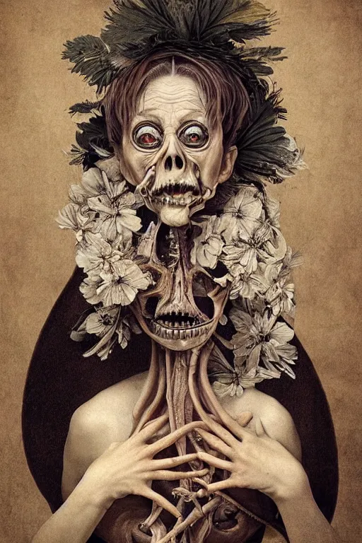 Image similar to Detailed maximalist portrait of an old woman with large lips and eyes, scared, botanical skeletal with extra flesh, HD mixed media, 3D collage, highly detailed and intricate, surreal illustration in the style of Caravaggio, dark art, baroque