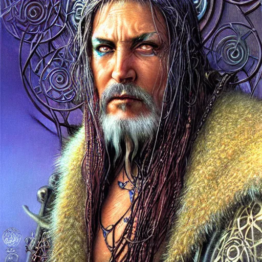 Image similar to a closeup portrait photograph of an art nouveau cyberpunk shaman by ted nasmith, luis royo and brom