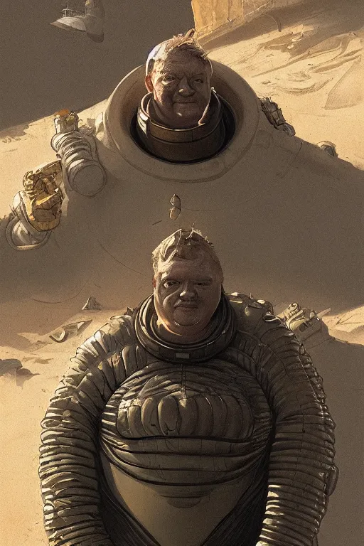 Image similar to baron harkonnen wearing leather spacesuit, detailed, sand worm in the distance, illustration by normal rockwell, artstation character art, greg rutkowski