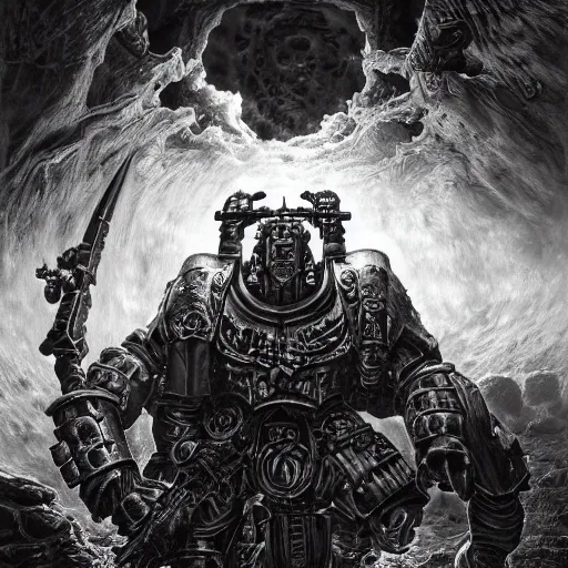 Prompt: photorealistic warhammer 4 0 k in the style of michael whelan and gustave dore. hyperdetailed photorealism, 1 0 8 megapixels, fully clothed, lunar themed attire, amazing depth, glowing rich colors, powerful imagery, psychedelic overtones, 3 d finalrender, 3 d shading, cinematic lighting, artstation concept art