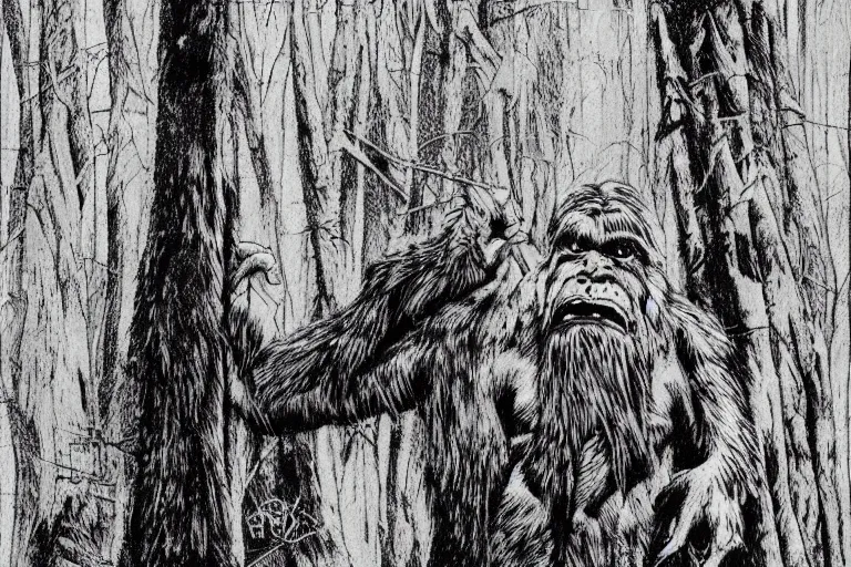 Image similar to mad bigfoot screaming in the woods artwork by ben templesmith