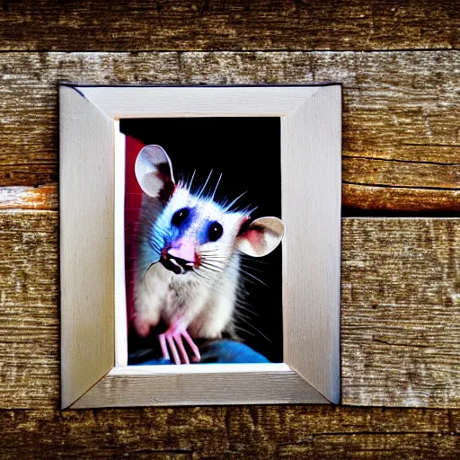 Prompt: hd digital photography of an opossum holding up the picture it made.