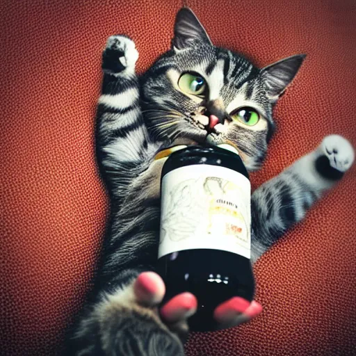 Image similar to “photograph of cat sitting like a human, holding a can of beer, hd, 8k”