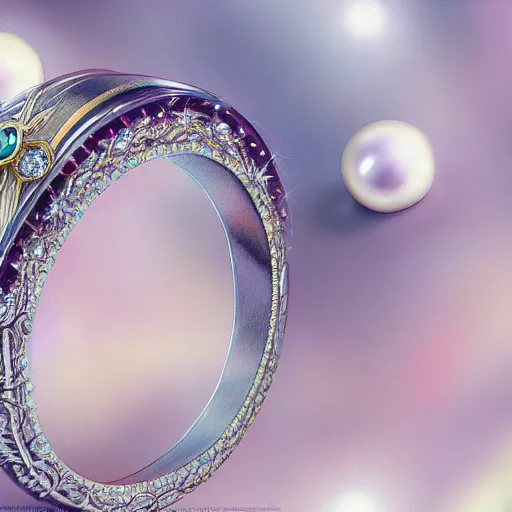 Prompt: a beautiful diamond wedding ring made of platinum glowing in sparkles with heavenly notes neo rococo, pearls and ruby, highly detailed sailor moon aesthetic, fantasy, intricate, elegant, highly detailed, digital painting, artstation, concept art, matte, sharp focus, illustration