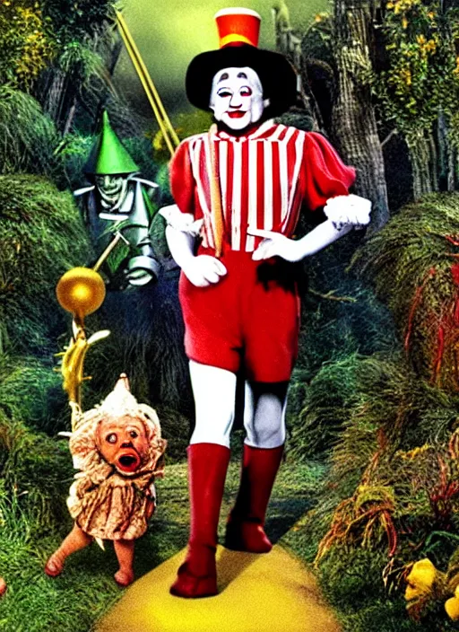 Prompt: an award winning scene still of ronald mcdonald in the wizard of oz movie, gloomy atmosphere, digitally enhanced colour restoration